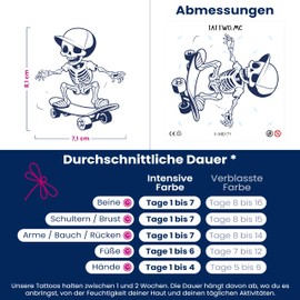 Tattwo.me – Temporäre Tattoos für Erwachsene und Kinder, hält 2 Wochen, wasserfest – Skelett-Skateboard – Pflanzliche Tinte – EU-Kosmetik-Zertifikat – (M0171)