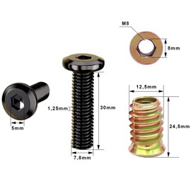 Pack of 10 Flat Head Screws and Screw Nuts, Threaded Insert Wood, Screws Black, M8 x 30 & M8 x 25 mm, Screw Thread Nuts for Wooden Furniture, with Allen Key
