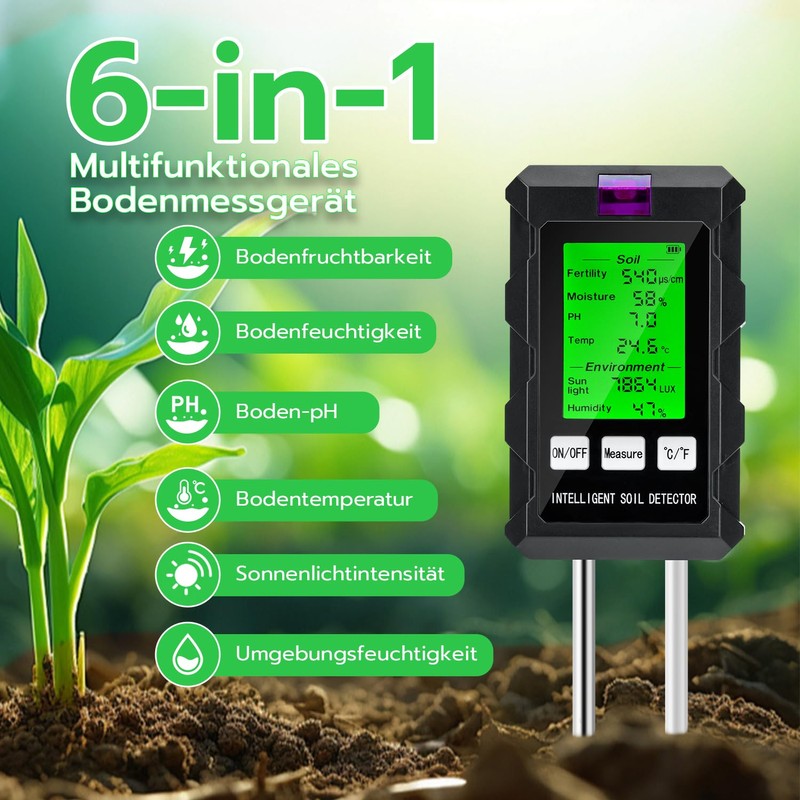 Wigearss 6-in-1 Soil Meter pH Moisture Temperature Light Soil Tester
