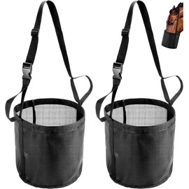 Comfort Breathable Horse Feed Bag, Mesh Feed Bucket, Mesh Designed Feeding Bag with Adjustable Strap and Waterproof Bottom, Horse Feeder Bag Storage, for Horse Feeding Supplies Muzzle Feed (2 Black)