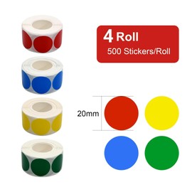 Dot Stickers 4 Rolls Coloured Dot Stickers Red Green Blue Yellow Coloured Dots Waterproof and Removable Copper Plate Paper Coding Coloured Stickers 500 Stickers per Roll