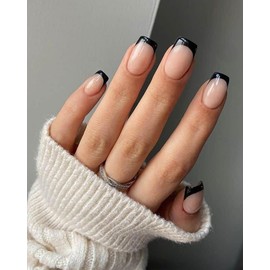 LANYOS 24PCS Press on Nails Short，Fake Nails with Nail Glue, Square False Nails Acrylic Nails Glue On Nails for Women Girls (French Black Short)