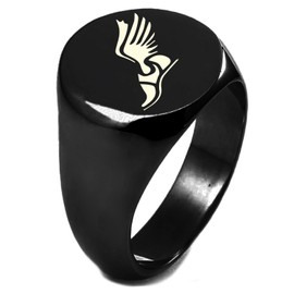 Black IP Plated Sterling Silver Hermes Greek Messenger of Gods Symbol Round Flat Top Polished Ring, Size 12