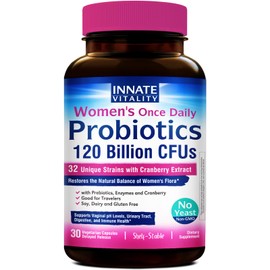Innate Vitality Women's Probiotics, 120 Billion CFU, 32 Tested Strains, Probiotics for Women, Yeast Control, Vaginal pH Support, Prebiotics, Digestive Enzymes, Cranberry, Once Daily 30 Veggie Capsules