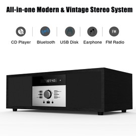 Nostalgic Bluetooth Stereo System for Home, WISCENT Vintage Micro HiFi Systems CD Player,with Bluetooth Audio Streaming,FM Radio,USB Port,Aux-in,Earphone Port (Black CD Player)