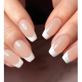 Artquee French Tip Press On Nails Short Clear Nude Coffin False Nail White Edge Designs Glossy Reusable Stick on Nails Manicure for Women Fake Nails Art in 12 Sizes - 24pcs Nail Kit