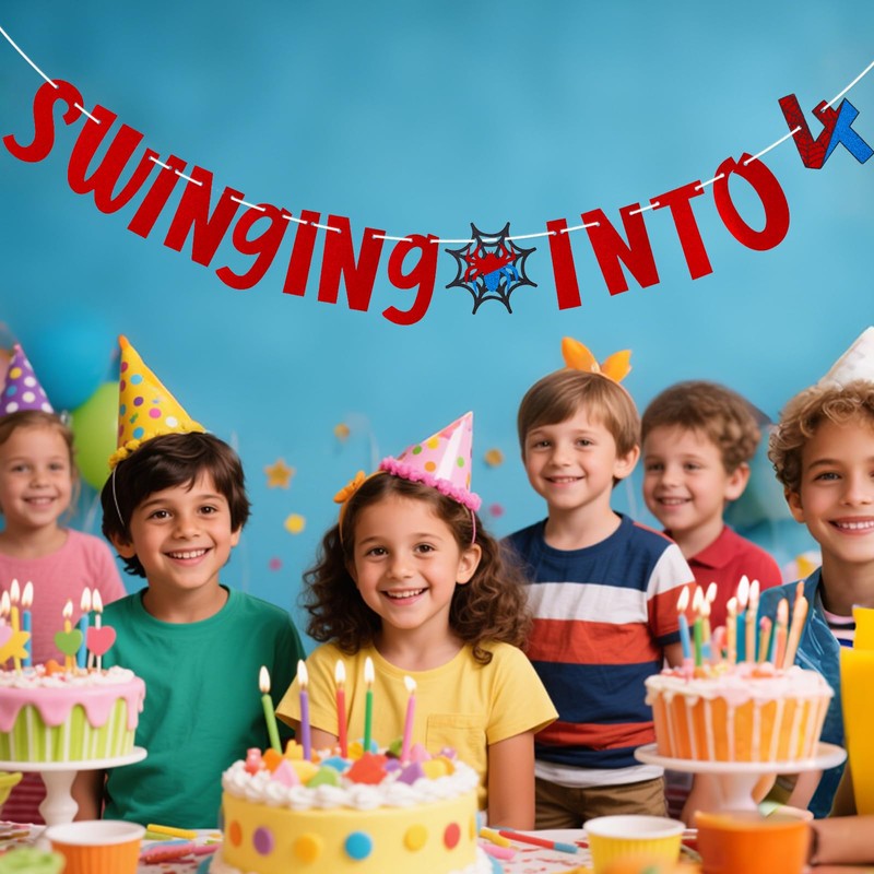 SAVITA Spider Birthday Banner, Swinging Into 4 Spider Themed Cartoon