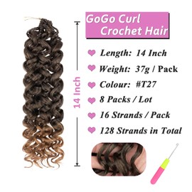 Samtress Gogo Curl Crochet Hair 14 Inch Pre Looped Ocean Wave Crochet Hair 8 Packs Ombre Honey Blonde Water Wave Braiding Hair Short Curly Bohemian Crochet Box Braids Synthetic for Women (#T27)