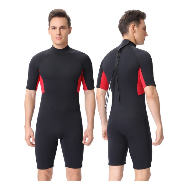 FLEXEL 2mm Shorty Wetsuit for Men,Neoprene Shorty Diving Suit,Back Zipper Short Sleeve Wet Suit Keep Warm for Surfing Kayaking Snorkeling and Water Sports(2mm Men red,Medium)