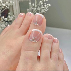 SINLOV 24pcs Nude Pink Square Fake Toenails Glossy Glitter Crystal Press on False Toe Nails Short Full Cover False Artificial Toenails for Women and Girls (C)