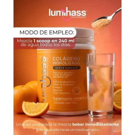 Lumihass Colágeno Hidrolizado 725 G Sabor Naranja - 30 Porciones Cu - Con Omega 3, Magnesio, Aguacate, Acido Hialurónico, Biotina, Vitamina C - Piel  