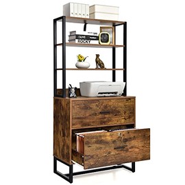LOKO File Cabinet, 2 Drawer File Cabinet with Open Shelves & Anti-toppling Device, Industrial Lateral File Cabinet with Lock for Letter Size File Folders, Rustic Large Printer Stand, Rustic Brown
