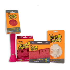 Scrub Daddy Dish Daddy, Testine di ricambio, spugna Scrub Mommy e testina di collegamento, spazzola per piatti che eroga sapone, spugna antigraffio a doppia faccia, raschietto incorporato - Rosa