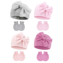 ZURLEFY Baby Girl Hats and Mittens Set for 0-6 Months, Newborn Hospital Hats with Bow for Infant Baby No Scratch Cotton Mittens Set(31G-18)