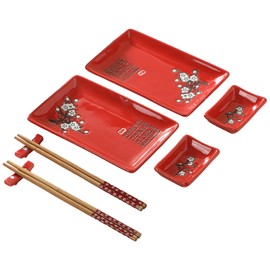 MOCERAKAI 8 pcs Japanese Sushi Plate Sets Serving Platters and Trays for Entertaining Sushi Dishes Set Plates Sushi Plates Traditional Cuisine Dinnerware Sets with Chopsticks Red Plum