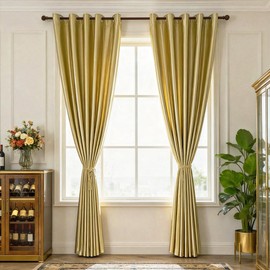 1 Pair Semi-Blackout Gold Curtains for Living Room Bedroom Grommet Top Golden Curtains for Windows (Shiny Gold, 2 x 52 x 84 Inch)