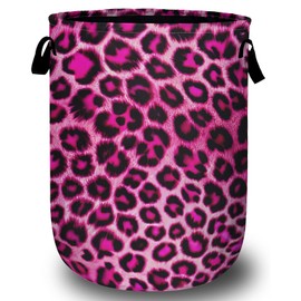 Pink Leopard Print Laundry Basket, Foldable Animal Skin Laundry Hamper Tote Bag Dirty Clothes Storage Bucket Toy Organizer for Bathroom/Laundry/Bedroom 15.7"x19.6"