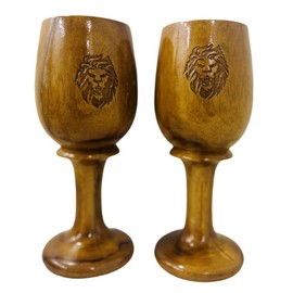collectiblesBuy Vintage Rustic Wooden Liqueur Goblet Teak Engraved Lion head Medieval Inspired Glass Set Table Top Wood Toasting Wine Tankard Chalice King Drinking Cups Set Of 2 Artistic Work