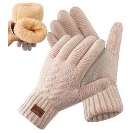 CAOZITOU Women's Winter Gloves Men Warm with Fleece Lining, Alpaca Wool Gloves Touchscreen Thermal Thick Knitted Gloves (Beige