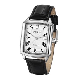 JewelryWe Men's Analogue Quartz Watch Men's Classic Retro Rectangular Business Casual Watch with Leather Strap Black/Brown, 2-Roman Numbers-White, Ribbon