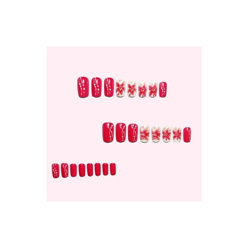 Uñas postizas cuadradas rojas con estampado floral, acrílicas, de cobertura