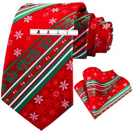 GUSLESON Mens Striped Christmas Tie Red Ties for Men Snowflake Necktie and Pocket Square Set (0959-18)