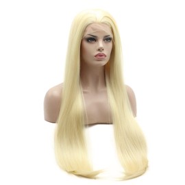 Lace Front Synthetic Wig Straight Extra Long Silky Light Blonde Wig Half Hand Tied Heat Resistant Heavy Density Wig