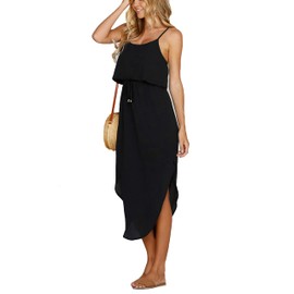 NERLEROLIAN Women's Adjustable Strappy Split Summer Beach Casual Midi Dress Black