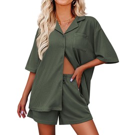 Ekouaer Pajamas for Women Waffle Knit Lounge Set Button Down Loungewear Soft Short Sleeve Pjs Shorts Set,Army Green,S