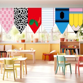 6Pcs Classroom Notebook Pencil Apple Crayon Curtains Back to School Composition Curtains Classroom Supplies First Day of School Pencil Shaped Decors Primary Kindergarten Bedroom Window Cover 36" x 24"