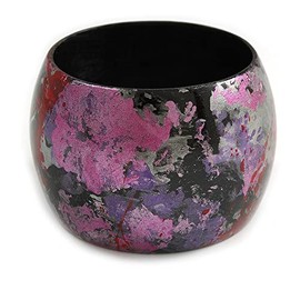 Wide Chunky Wooden Bangle Bracelet in Abstract Paint in Pink/Black/Purple/Silver- Medium Size