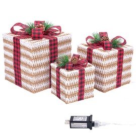 Sunnyglade 10"-8"-6" Set of 3 Christmas Lighted Gift Boxes Decoration Boxes with Plug, Bows, Artificial Pine Leaves and Pine Cones for Christmas, Weddings Yard Home Holiday Art Decoration