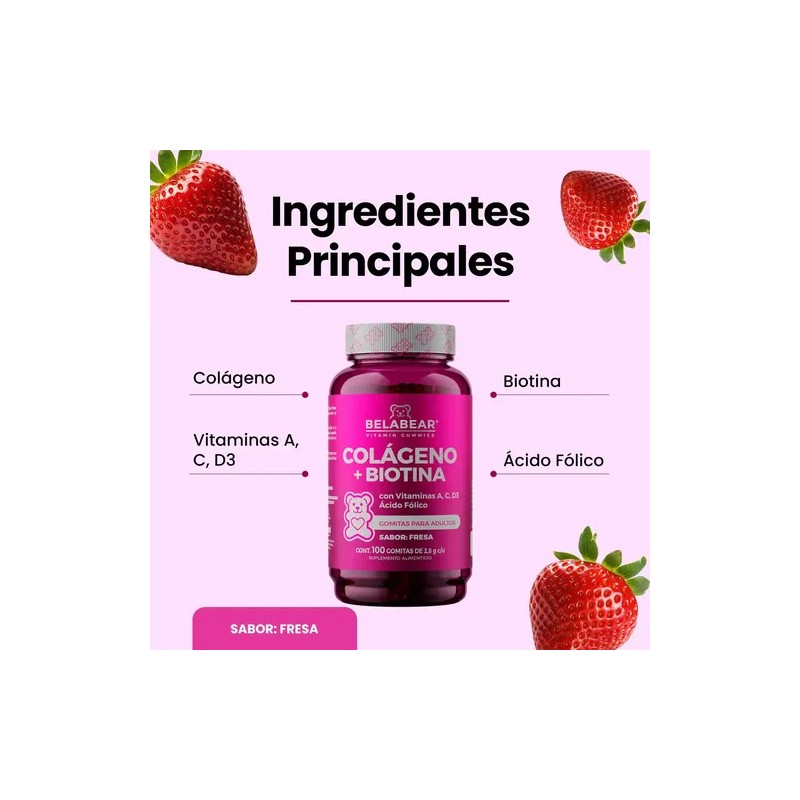 Belabear Colágeno Biotina 100 Gomitas Sabor Fresa
