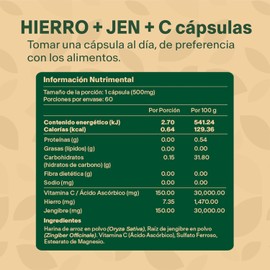 Hierro con Vitamina C. 60 capsulas de 500mg (2 meses). VitalBotanics. Suplemento Alimenticio Multivitamínico para Hombre y Mujer. Libre de Gluten y Aditivos. Apto Dieta Keto
