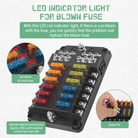 Chelhead 12 Way Car Fuse Holder with Negative Buses and Red LED Indicator, 12 V 12 Compartment Car Fuse Box, Accessories for Float Boats, Compatible with Cars, Motorhomes