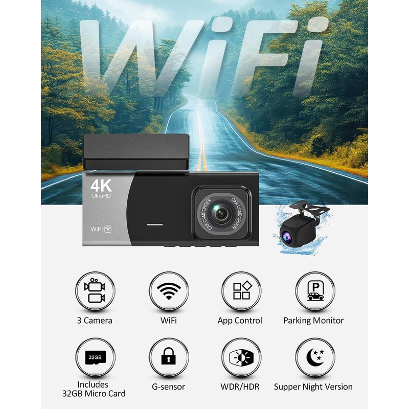 3 Channel 4K WiFi Dash Cam, 4K+1080P+1080P Front Inside and