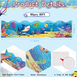 60 Ft Under The Sea Bulletin Board Borders 60 pcs, Ocean Themed Straight Bulletin Boards Trim With Glue Point Dots For Classroom School Chalkboard Whiteboard Fish Ocean Theme Birthday Party Supplies