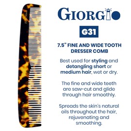 Giorgio G31 Fine Tooth Comb and Wide Tooth Hair Comb, Hair Styling Comb for Men, Grooming Hair Combs for Women, Mens Beard Care Combs for Detangling and Styling, Handmade Saw-Cut and Hand Polished
