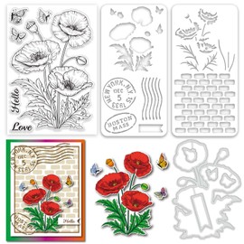 ORIGACH Realistic Corn Poppy Flower Stamps and Die and Layering Coloring Stencil Bundle for Card Making Album Arts Crafts Supplies