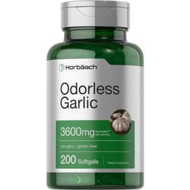 Horbäach Odorless Garlic Softgel Supplement | 200 Count | Ultra Potent Concentrated Herbal Extract | Non-GMO & Gluten Free
