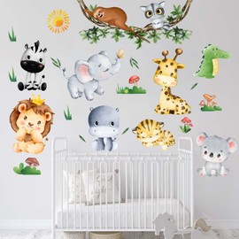 Amimagen Jungle Baby Animals Wall Stickers - Elephant Lion Tiger Giraffe Wall Decals - Nursery Kids Girls Boys Room Daycare Playroom Classroom Wall Decor