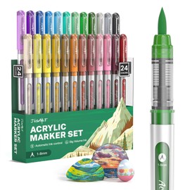 JusArt Acrylic Paint Markers Brush Tip 24 Colors, Water-Based No-Bleed Markers with Automatic Ink Control System, Waterproof Acrylic Paint Pens for Rock, Egg, Wood, Fabric, Glass, DIY Crafts