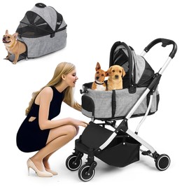 Pet Stroller for Cats and Small Dogs with Removable Carrier Liner, Zipperless Entry, Foldable 4-Wheel Cat Stroller Trolley with Safety Tether, Storage Basket, for Travel Shopping Walking