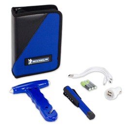 Michelin Glove Box Kit with Safety Hammer/Seat Belt Cutter, LED Pen Light, USB 12V Plug with Charging Cords.