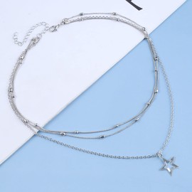 Atentuyi Boho Layered Star Choker Necklace Silver Star Pendant Necklace Hollow Star Necklace Satellite Chain Layering Bead Necklace Jewelry for Women and Girls