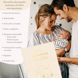 HuBorns - Baby Album First Year to 5 for Gluing Photos and Labels, Children's Photo Album with +50 Pages and Stickers, Original Memory Book Baby, Photo Album Baby (Beige, Spanish)