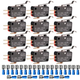 Gebildet 12pcs V-154-1C25 Micro Switch 125V/250V 15A Momentary Limit Switch, 3 Pins SPDT Snap Action Miniature Basic Micro Switch + 24pcs Terminals