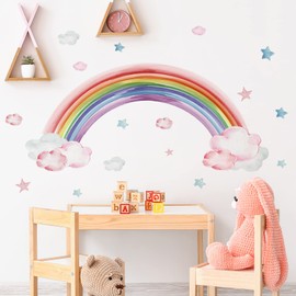 Large Rainbow Wall Decals Watercolor Rainbow Clouds Wall Stickers Boho Rainbow Starry Sky Stars Decor Vinyl DIY Removable Peel and Stick Wallpaper for Kids Girls Bedroom Nursery Home Decoration 1493