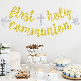 First Holy Communion Banner, God Bless Decorations, My Baptism, Christening, Baby Shower 1st Birthday Party Decorations Gold Glitter