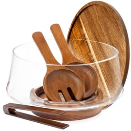 Oria Cook Large Glass Salad Bowl with Lid Set, 5.7 L Decorative Glass Mixing Bowl, Trifle and Serving Bowls with Lids as Cheese Charcuterie Board and Plate, Comes with Wood Serving Utensils